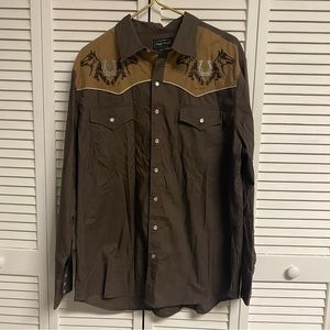High Noon Mens XL Horse Embroidery Brown Pearl Snap Cowboy Western Shirt